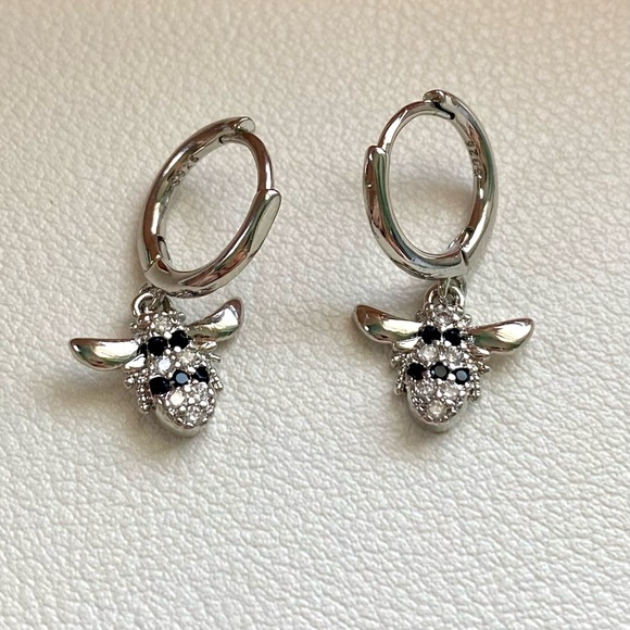 Silver Hoop Earrings with Black Accents - Picture 2 of 4